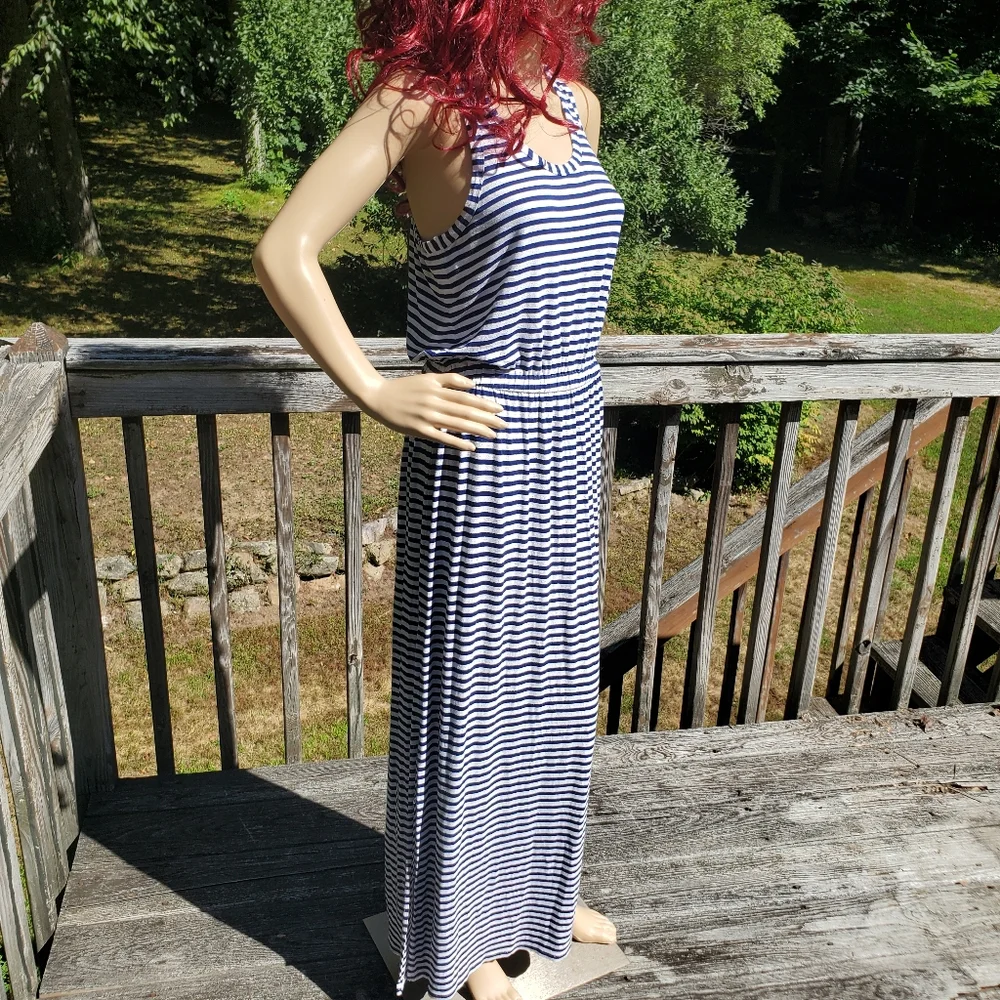 J. Crew Blue & White Stripe Racer T-back Scoop Round Neck Maxi Dress Size M - Picture 5 of 11